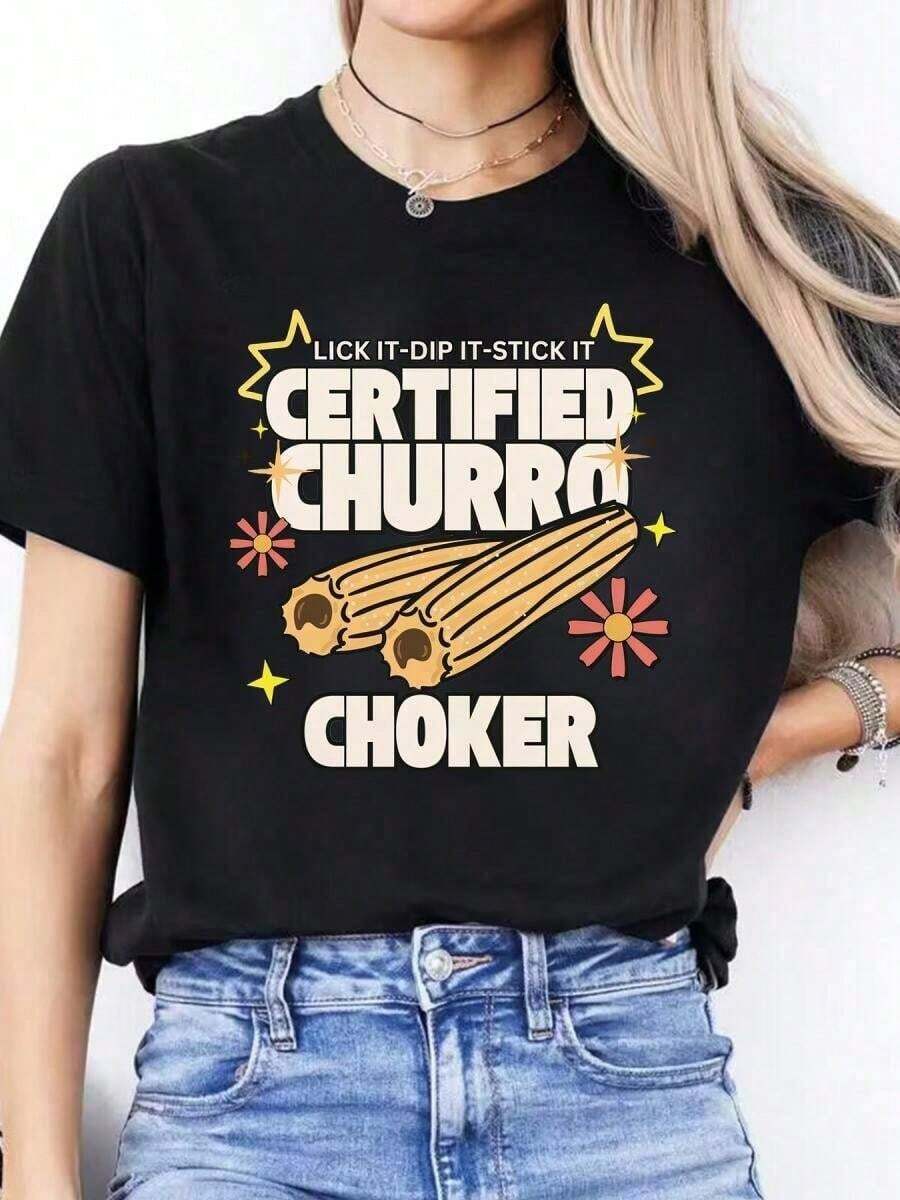 Women's "Certified Churro Choker" Graphic T-Shirt - Casual Short Sleeve Crew Neck T-Shirt, White With Colorful Print, Fashionable Spring/Summer Top, High Quality 220g Pure Cotton T-Shirt With Minimalist Print, Soft And Breathable Fabric, Comfortable And Loose Fit, Suitable For Daily Wear, Ideal For Casual Office Wear, Spring And Summer Daily Appearance, Stylish And Youthful Design. - 黑色 - 查看 1