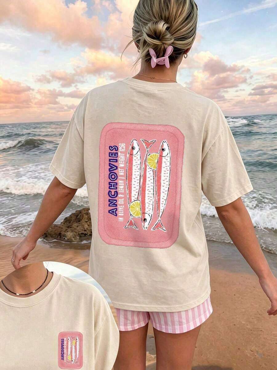 Short-Sleeved T-Shirt With A Round Neck And Slogan Print, Casual Summer Style For Women, Fashionable Everyday Wear And Vacation Wear, Suitable For Daily Use And Holidays - Urban Vintage Style, Unisex, Cotton, Short-Sleeved, Round Neck, Blouses For Women. Casual Blouses For Ladies. - 杏色 - 查看 1