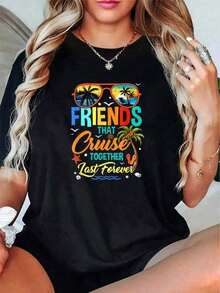 100% Algodón Unisex 1 pieza - Camiseta "Amigos que viajan juntos, perduran para siempre" para vacaciones y cruceros - Camisetas de verano, ropa de oficina para mujer, ropa de vacaciones para mujer 230g.Material de algodón tejido de color sólido, tela de algodón puro gruesa y suave, característica estable y no deformable, tela versátil para uso diario, ideal para camisetas básicas de uso diario, ropa casual para exteriores y para el ocio diario. - Negro - Ver 7