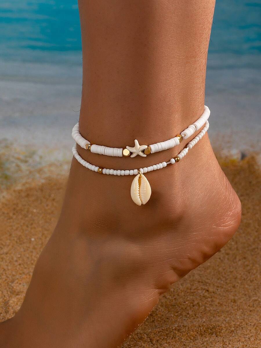 2pcs Fashionable & Elegant Starfish & Shell Beaded Anklet Set - White - View 1