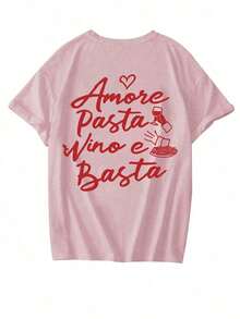New Minimalist Summer T-Shirt, Printed With Italian Lettering About Wine And Pasta, Round Neck, Short Sleeves. Versatile And Elegant Top For Women, Pink Color - 糖果粉紅色 - 查看 3
