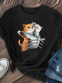 The Lady With The Cats Standing On The Terrace Is Wearing A Short-Sleeved, Round-Neck T-Shirt With A Print, A Short-Sleeved, Round-Neck T-Shirt, And Women's Clothing. - 黑色 - 查看 1