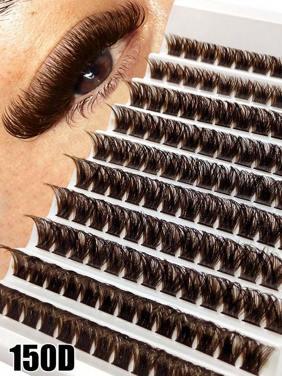 Rikuaild 130pcs D-Curl Thick Brown Lash 150D Cluster Eyelashes Extension Set, Dramatic Lash Clusters Suitable For Beginners, Eyelash Clusters, False Eyelashes, Individual Lashes, Lashes, Brown Lashes