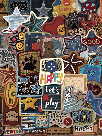 50 Stücke süße genähte Tier- und Stern-Aufkleber, retro-mäßige Patchwork-Optik, kreative ästhetische Graffiti-Vinyl-Aufkleber für Handyhülle, Sammelalbum, Laptop, Journaling, Gitarre, Skateboard
