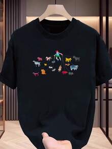 Camiseta de manga corta para hombre con una colorida ilustración de una chica paseando a su perro, perfecta para los desplazamientos de verano y de uso versátil. Camiseta casual cómoda y relajada para la piel. - Negro - Ver 7