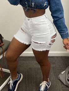 MUZZ Women's Summer Vacation Casual Party Denim Shorts, Music Festival Fashion Sexy Ripped Stretch Skinny Straight Jeans White, Y2K Aesthetic - White - View 2