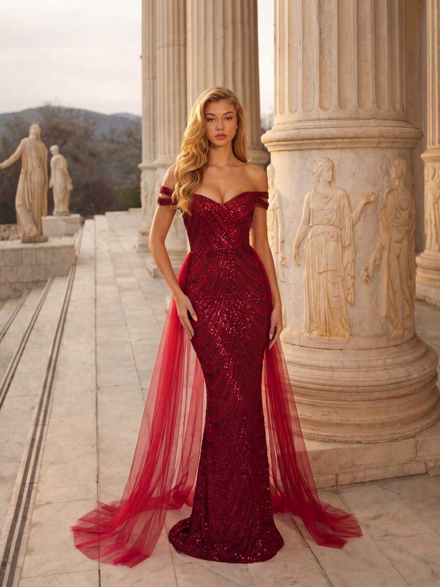 LOVE&LEMONADE Wine Red Elegant Off-Shoulder Flowing Mesh Patchwork Backless Criss-Cross Tie Mermaid Long Wedding Dress - Burgundy - View 1