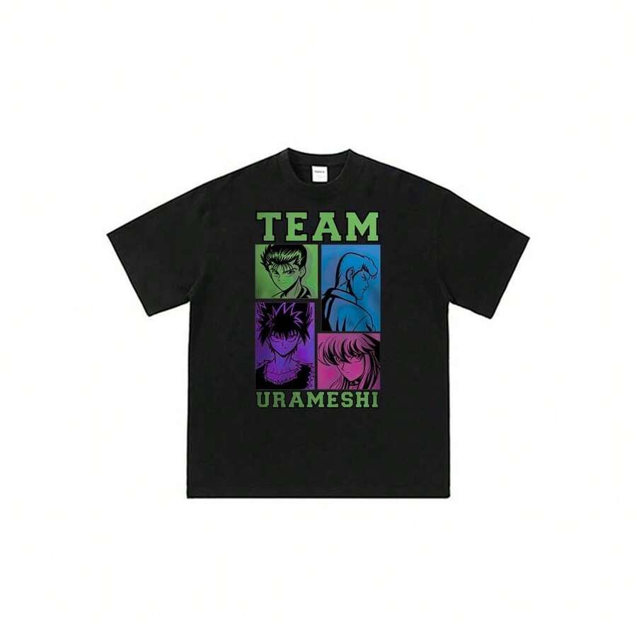 Yu-Yu-Hakusho-Team-Urameshi-Yusuke-Urameshi-Kazuma-Kuwabara-Hiei-Kurama-Manga-Style-Art Y2K Anime Cartoon Print T-Shirt Unisex Summer Casual Short Sleeve Tees - 黑色 - 查看 1