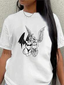 Lightweight And Durable Short-Sleeved T-Shirt, Designed With Angel And Demon Motifs, Perfect For Casual Wear At Home Or In A Cafe. The Printed Fabric Offers Comfort And Style For Everyday Wear. Women's Casual Blouse - 白色 - 查看 1