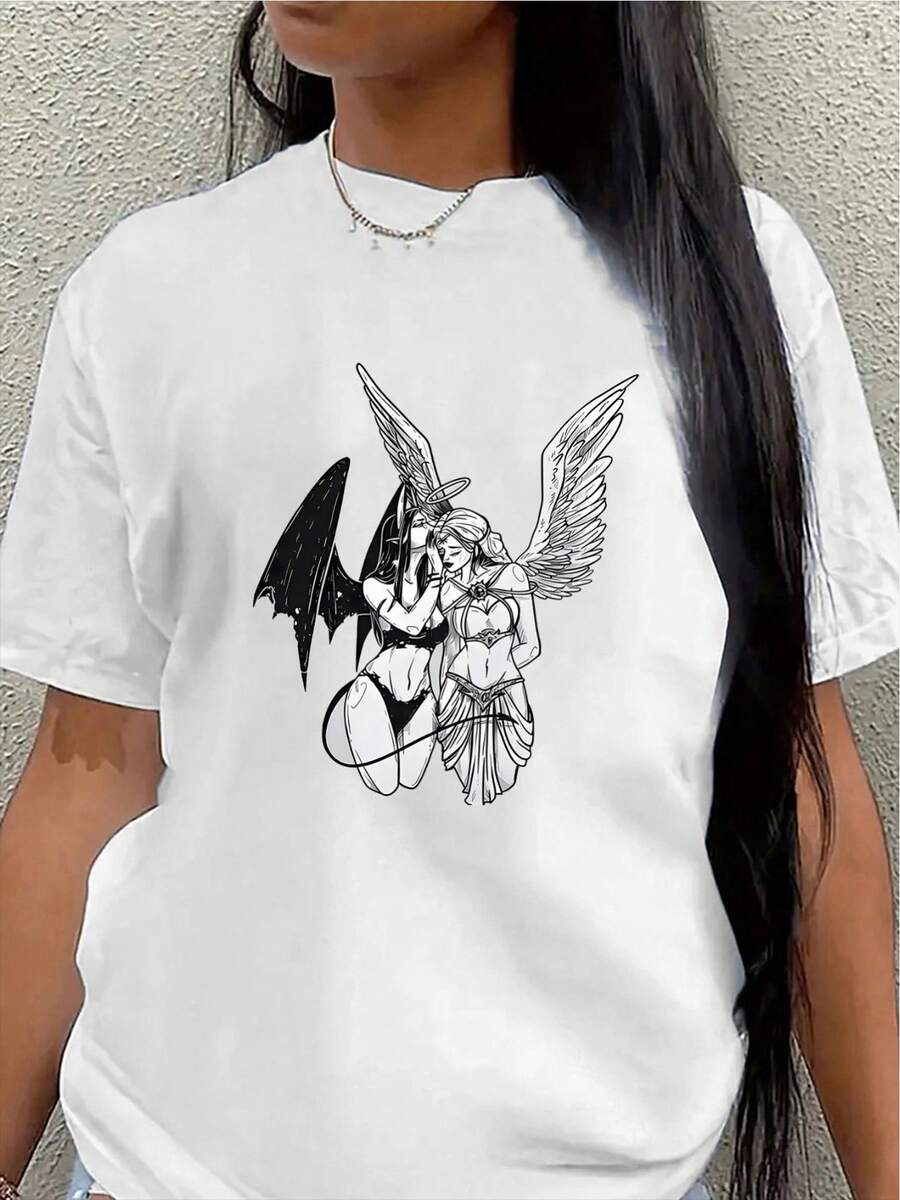 Lightweight And Durable Short-Sleeved T-Shirt, Designed With Angel And Demon Motifs, Perfect For Casual Wear At Home Or In A Cafe. The Printed Fabric Offers Comfort And Style For Everyday Wear. Women's Casual Blouse - 白色 - 查看 1
