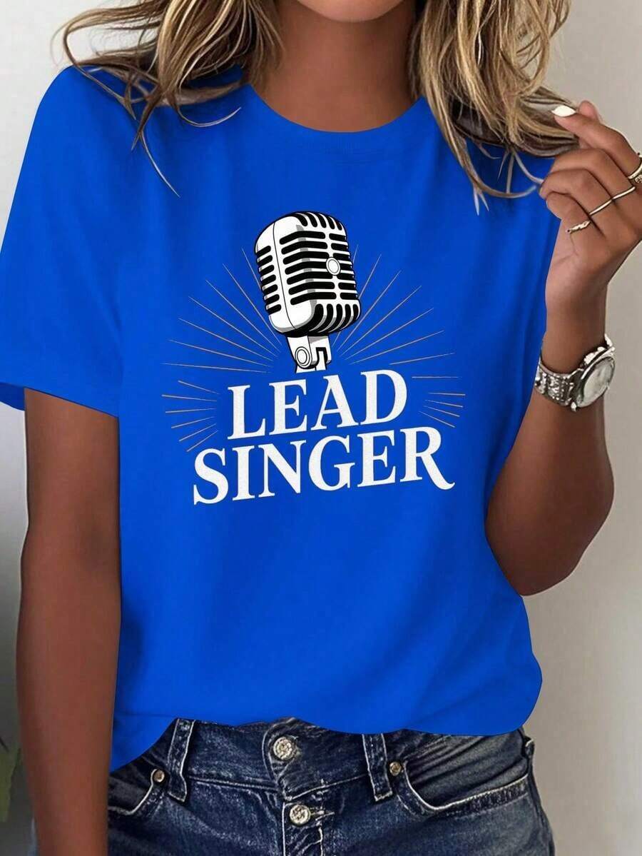 Gift Women's 80s Retro Graphic T-Shirt With Singer And Microphone Design - Soft And Pure Crew Neck Casual T-Shirt With Microphone And Musical Notes Design, Blue Outfit For Karaoke Nights And Fans, Geometric Pattern, Comfortable For All Seasons, Machine Washable, Relaxed Fit, Breathable Fabric For Casual Wear, Retro Inspired Women's Fashion With Vintage Microphone Print, Ideal For Music Lovers - 藍色的 - 查看 1