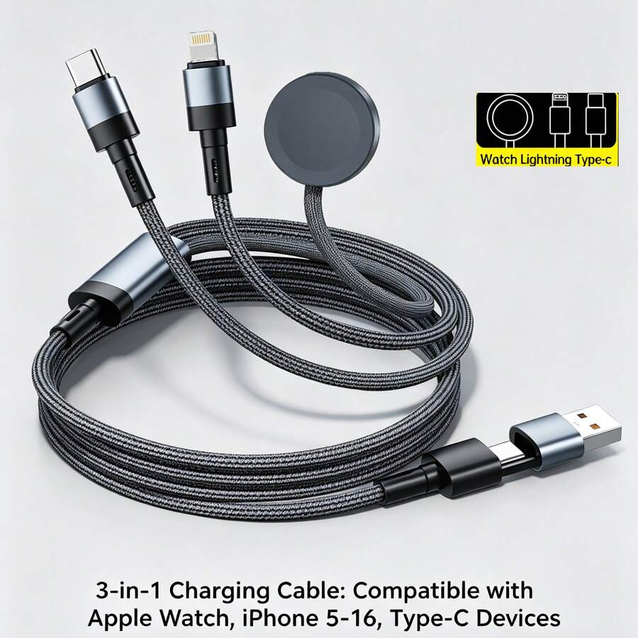 快速充电手表无线充电器，无线充电线+磁吸式手表充电器，USB+USB-C多头充电线，兼容 Series Ultra/SE/9/8/7/6/5/4/3/2/1、17/16/15/14/13/12/11/XS/XR/8/7/6等型号，多功能编织充电线，阵亡将士纪念日毕业季礼物 - 黑色 - 查看 1