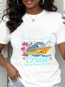 Camiseta de Cuello Redondo para Mujer, Estampado de Barcos de Crucero, Palmeras y Pájaros de las Bahamas 2026, Manga Corta, Creando Recuerdos Juntos, Viajes, Vacaciones, Fiesta en la Playa, Ropa de Verano, blusas casuales para dama - Blanco - Ver 7