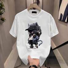 Men's Cotton T-Shirts, White, Size 5XL, Men's Casual Summer T-Shirt, Anime Cat Print T-Shirts, Black Clothing For Men - 白色 - 查看 4