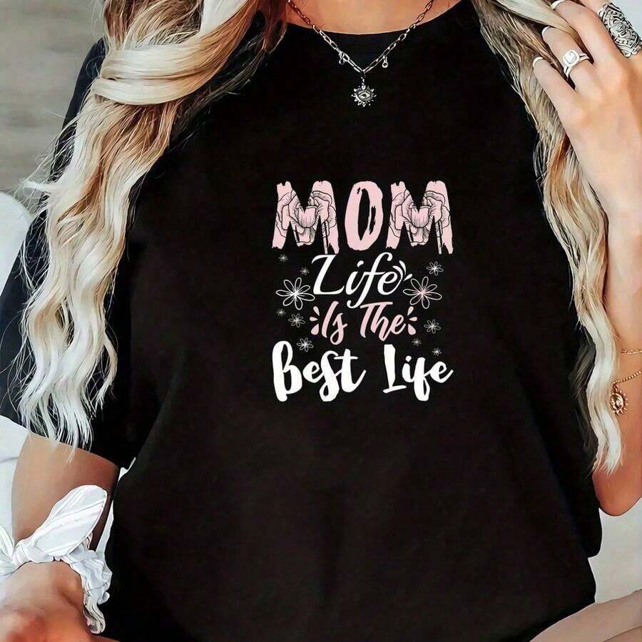 1 Piece Of Elegant Casual T-Shirt For Women, Round Neck And Short Sleeve, Black Color, With Print "Mom's Life Is The Best Life", 180g, 100% Cotton. - 黑色 - 查看 1