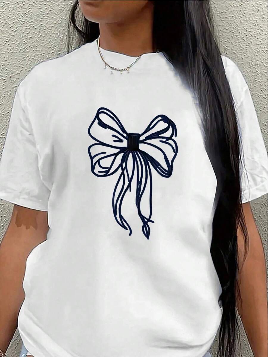 Women's Short-Sleeved Polyester T-Shirt With A Tie Design, Lightweight And Durable, Suitable For Casual Wear At Home, In Restaurants, Or In The Office. - White - View 1