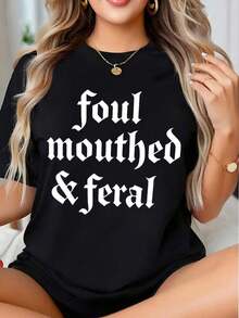 1 PcsFoul Mouthed And Graphic T-Shirt Shirt For Women Casual Wear Statement Top, It Is A Perfect T-Shirt To Give To Friends And Family On Any Holiday Or Festive Occasion,180g 100% Cotton - 黑色 - 查看 1