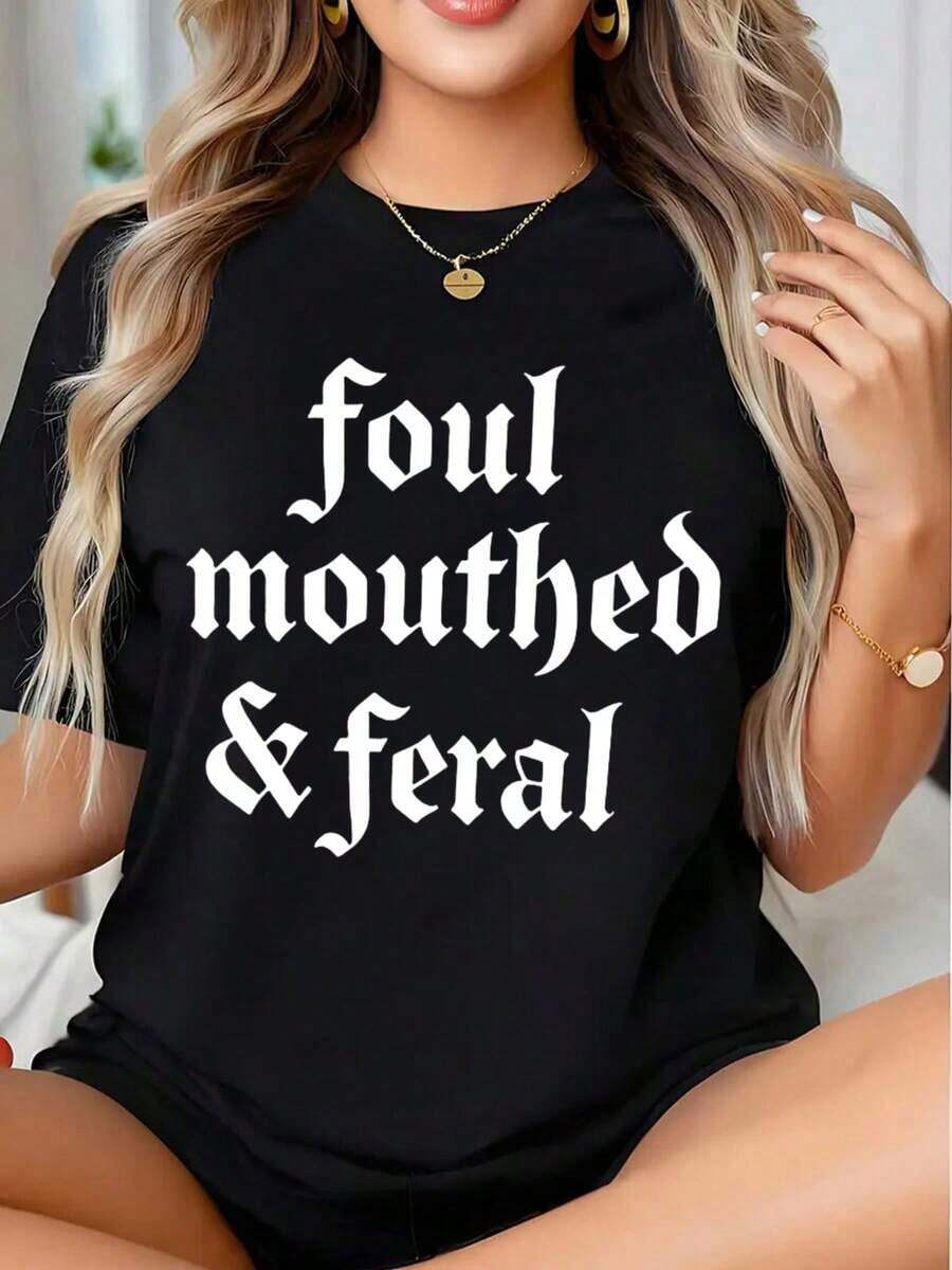 1 PcsFoul Mouthed And Graphic T-Shirt Shirt For Women Casual Wear Statement Top, It Is A Perfect T-Shirt To Give To Friends And Family On Any Holiday Or Festive Occasion,180g 100% Cotton - 黑色 - 查看 1
