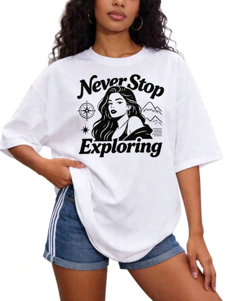 Women's Basic Casual Crew Neck T-Shirt, Sizes S-2XL, 100% Solid Color In Black And White, With "Never Stop Exploring" Print, Mountain And Compass Design, Suitable For Family And Couple Outfits, Perfect For Summer Adventures And Travel Season, Ideal As A Graduation Gift, . - 白色 - 查看 1