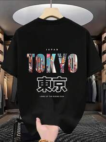 1pc Tween Boys' Summer New Japanese Tee, Tokyo City Streetscape & Letter Print Loose Casual Oversized Big Kids Retro Style - Black - View 2