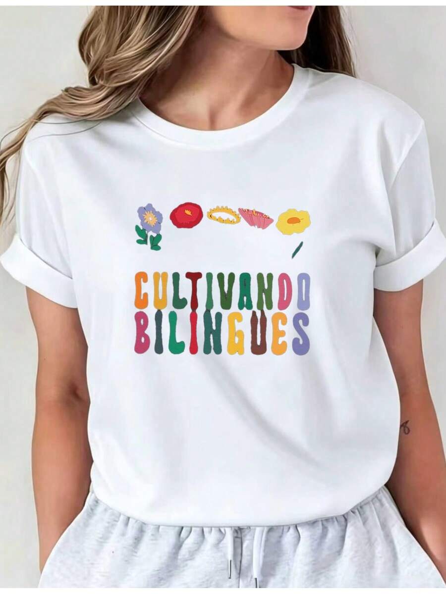 LigeroÚltimo Estilo Creativo Camiseta Estampada con Patrón Floral y Letras, Camiseta Casual de Cuello Redondo, Camiseta de Manga Larga para Vacaciones de Primavera y Verano, Ropa Nueva para Mujer, Lavable a Máquinai01Top Casual de Cuello Redondo, Ropa Cómoda para MujerVerano - Blanco - Ver 1