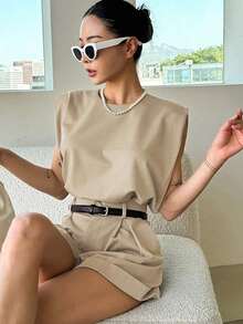 Conjunto de top sin mangas de cuello redondo y pantalones cortos de unicolor para mujer, conjunto casual de verano, conjuntos de dos piezas para mujer - Albaricoque - Ver 4
