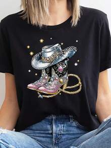 Women's Cowboy Print T-Shirt | Cowgirl Hat And Boots With Diamonds And Pink Gems | Heat Print | Fashion Casual T-Shirt - 黑色 - 查看 5