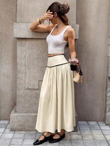 Falda Midi Plisada Negra de Color Sólido para Mujer BADHJK, Estilo Casual Simple, para Invierno y Primavera - Albaricoque - Ver 4