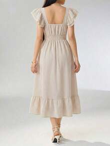Vestido con cuello con volantes, abotonado, elegante y romántico para mujer - Caqui - Ver 2
