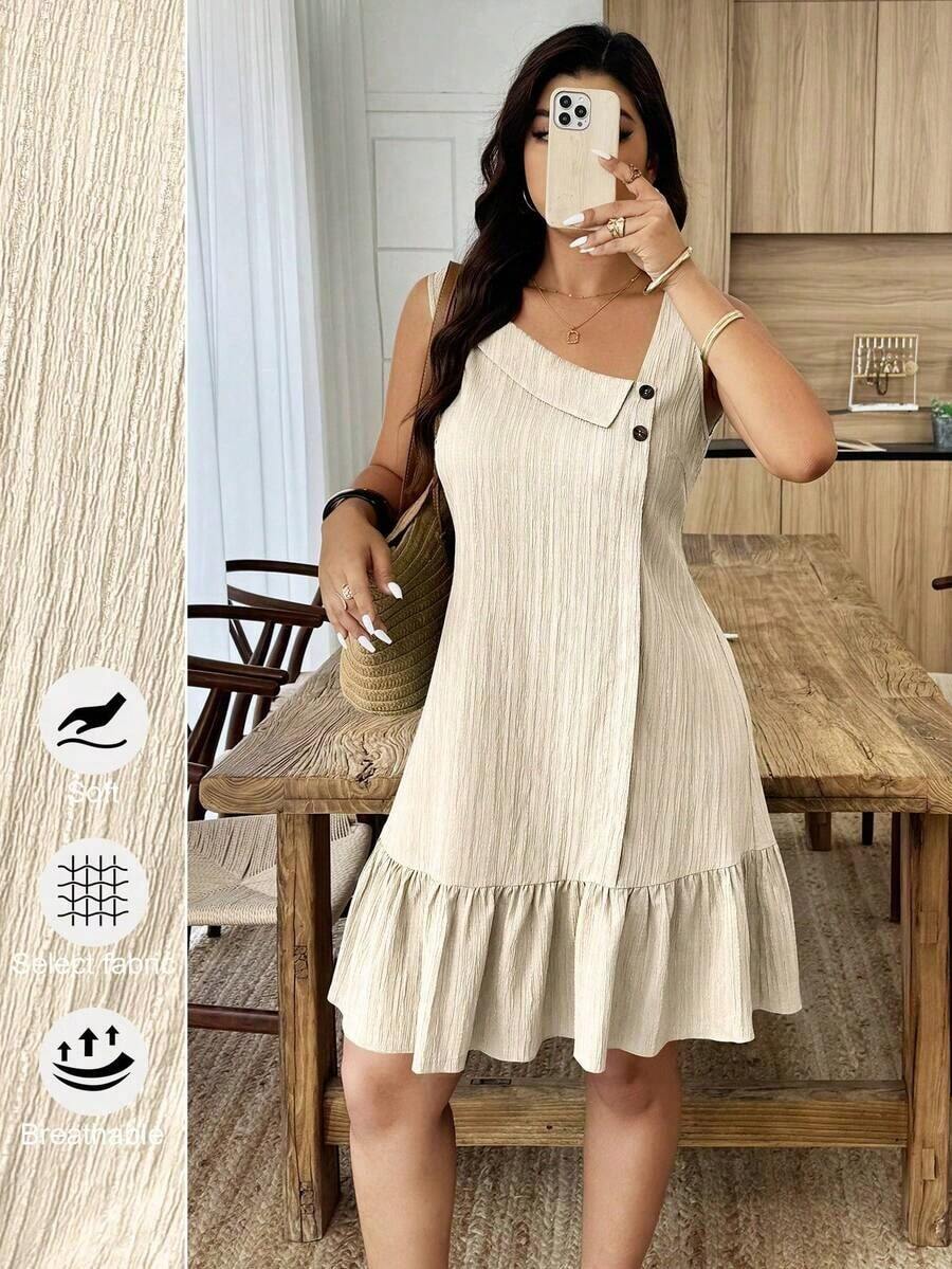 Vestido corto sin mangas de línea A con cuello asimétrico, botones, tela texturizada y volante en el bajo, para mujer de talla grande, ropa casual de resort para primavera/verano - Albaricoque - Ver 1
