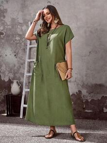 Vestido casual de manga corta con cuello redondo y bolsillo para mujer talla grande, primavera - Verde militar - Ver 6