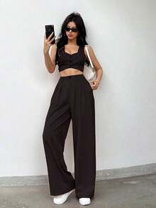 Set de 2 piezas para mujer, top corto de un solo pecho liso y pantalones - Negro - Ver 3