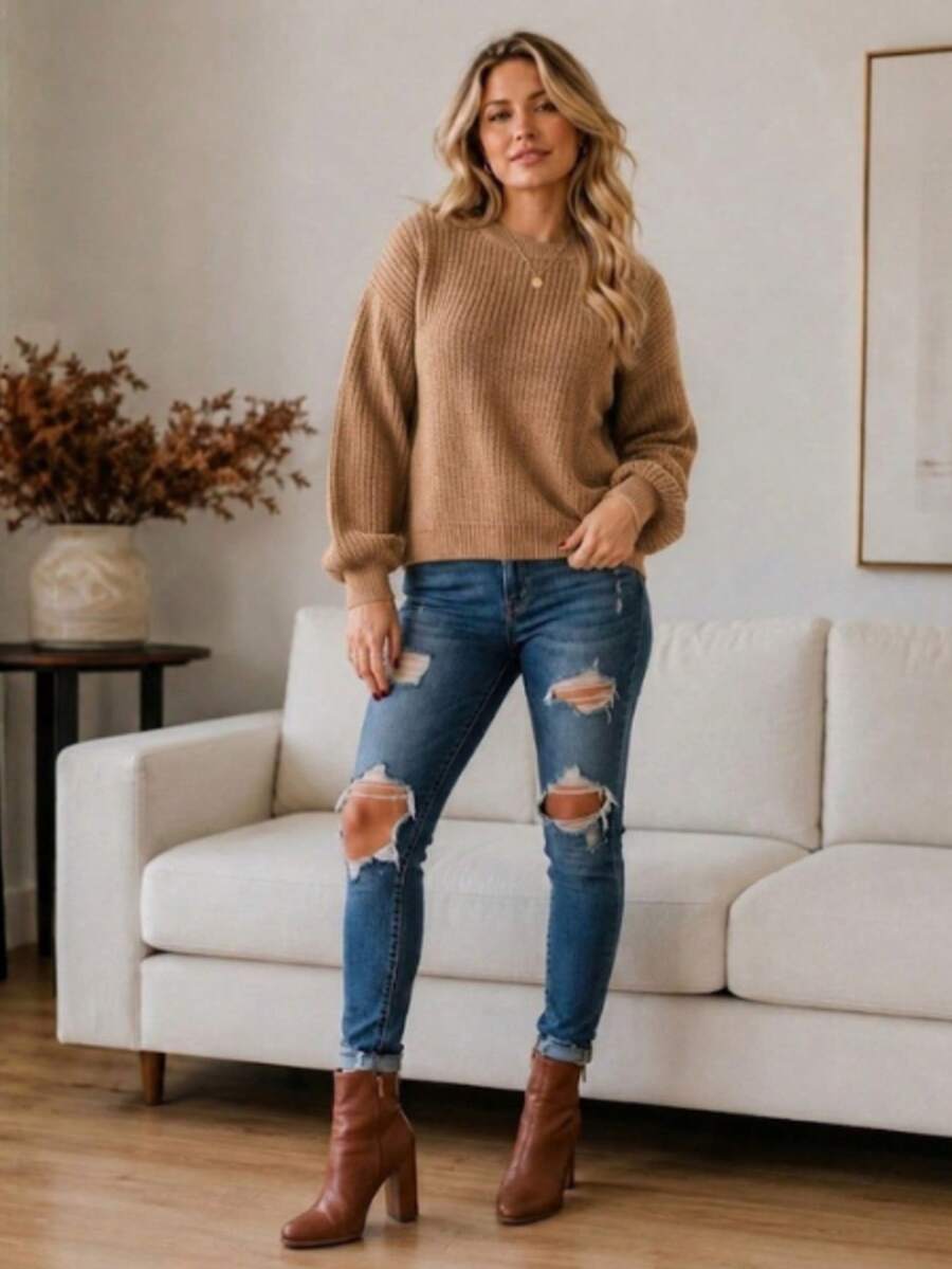 Women's Blouse Puff Sleeve Thick Round Neck Winter Knit - Beige - View 1