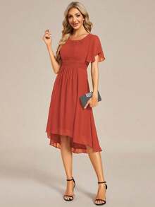 Vestido de dama de honor de gasa con pliegues y mangas con volantes, vestido de noche elegante para invitados de boda en primavera - Naranja Quemada - Ver 6