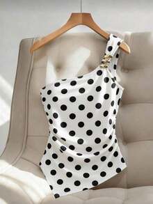 Blusa versátil para ir a la oficina, citas y vacaciones, con diseño de hebilla metálica que ciñe la cintura, y estampado de lunares francés de verano con tirantes de espagueti - Blanco y Negro - Ver 1
