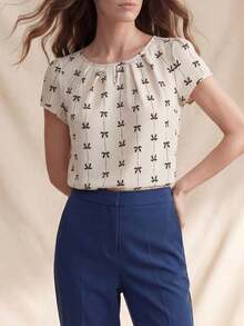 Camisa casual de mujer con cuello redondo y mangas cortas, estampado floral, estilo vacacional - Albaricoque - Ver 8