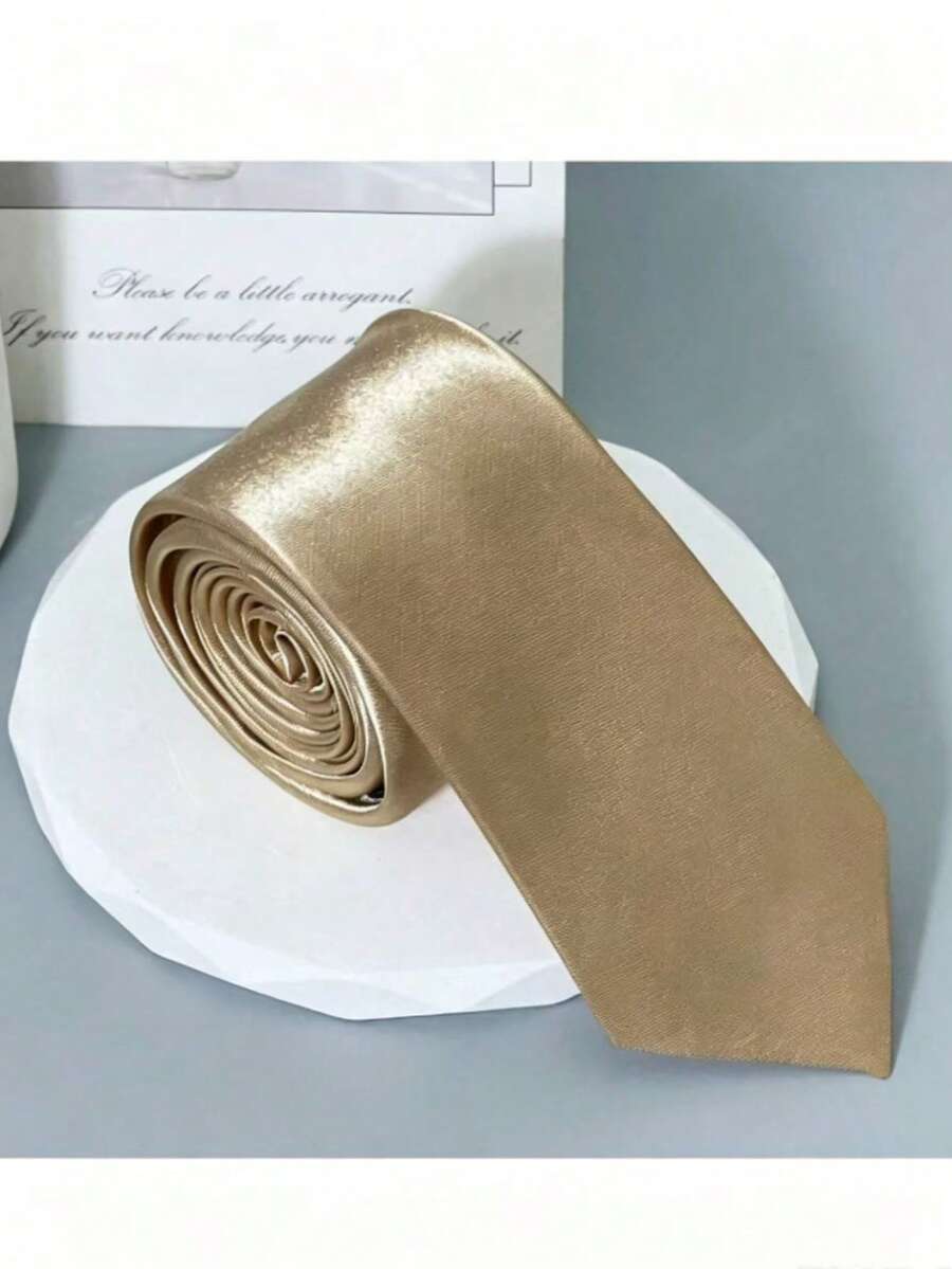 1pc 5cm Solid Color Slim Necktie, Handmade Tie Suitable For Weddings And Business Occasions - Champagne - View 1