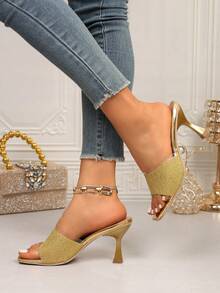 Women's Gold Glitter Kitten Heel Slides, Transparent PVC Square Toe Slip-On Mules Suitable For Parties - Gold - View 2