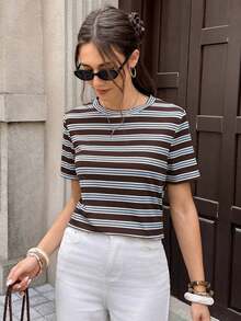 Frenchy Camiseta de mujer de manga corta, cuello redondo, a rayas, de estilo casual para el verano - Marrón - Ver 7