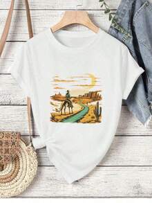 100% Cotton. Women's Denim T-Shirt, Desert Style, Soft Cotton, Comfortable Fit, Casual, Cozy, Unique Graphic Print, New Release. 100% Cotton. Simple Solid Color Women's T-Shirt, Loose And Slim Fit, Casual Short Sleeve. - 白色的 - 查看 3