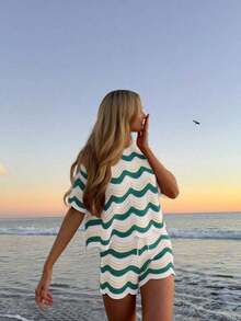 Conjunto de 2 piezas de top de manga corta de ganchillo hueco y pantalones cortos casuales de estilo europeo y americano para mujer, ideal para vacaciones y verano en la playa - Multicolor 7 - Ver 3