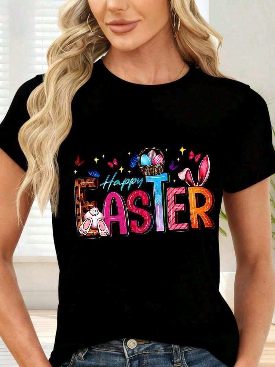 GiftCamiseta de  con Estampado de Pascua Feliz y Conejo Colorido para Fiestas de PrimaveraSoft - Negro - Ver 1