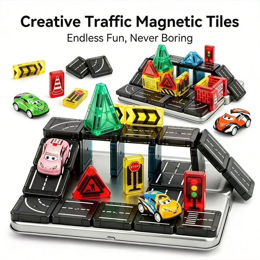 28/35pcs Magnetic Building Blocks Set, Colorful Magnetic Track Toys With Iron Box, Portable Travel Set Creative Magnetic Blocks, STEM Educational Construction Magnetic Road Toy Set - Suitable For Children 3+ Years Old, Birthday Gift - Color - View 1