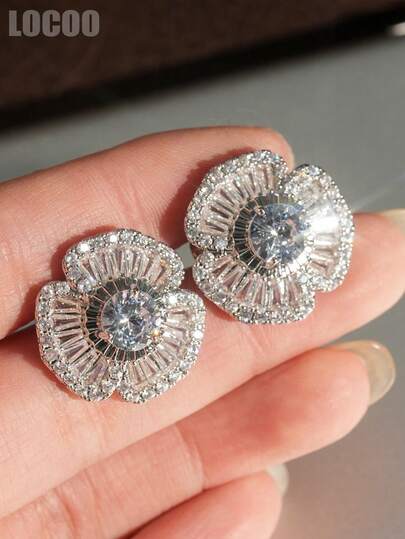 1 Pair Elegant Cubic Zirconia Stud Earrings, Designed For Women, Suitable For Weddings, Engagements, Anniversary Parties, Valentine's Day Gifts