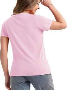 Camiseta de manga corta casual de cuello redondo suelta impresa rosa de primavera verano para mujeres - Color rosa - Ver 3