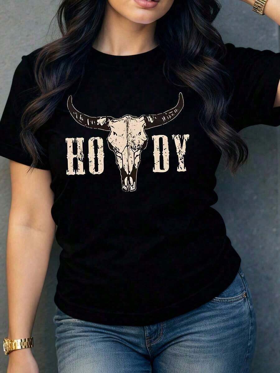 Soft Soft Women's Casual T-Shirt With Bull Skull Graphic Print, Original And Modern Design, Ideal For A Casual And Comfortable Look, Perfect To Pair With Jeans Or Skirts, Soft And Breathable Fabric. 100% Cotton Pattern - 黑色 - 查看 1