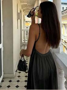 Women's Striped Dress With Thin Straps And Open Back - Black - View 3