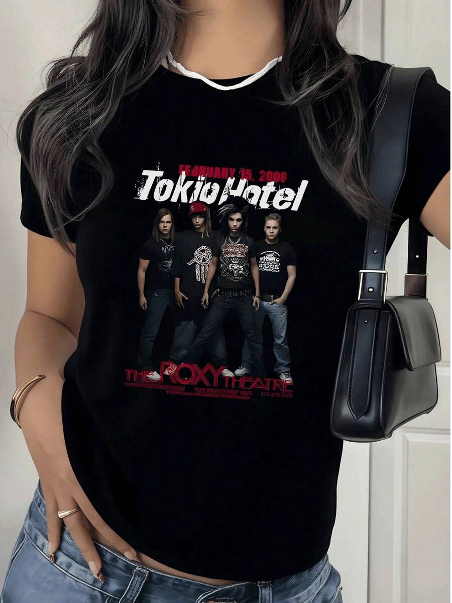 Fashionable Women's T-Shirt, Black T-Shirt For Women With Tokio Hotel Band Design, Casual And Comfortable Style, 180g, Ideal For Music Fans. - 黑色 - 查看 1
