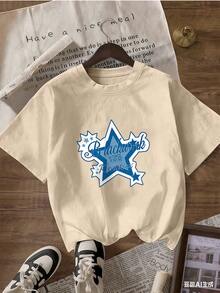 Blue Star T-Shirt With Printed Text, Fashionable Short-Sleeved T-Shirt For Spring And Summer 2026, Made In Mexico, 180 Grams. Cartoon Print, Couple Design, Suitable For Indoor Or Outdoor Wear. Crew Neck, Unisex, Ideal For Office And Leisure. One-Pack. - APR-P631577SLNDXZGY643 - 查看 4