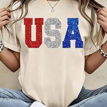 100%CottonGlitter Usa Patriotic T Shirt Red White And Blue Sparkle Print For Independence Day Celebration Party WearBreathable Cotton Tee, All Match - 杏色 - 查看 8